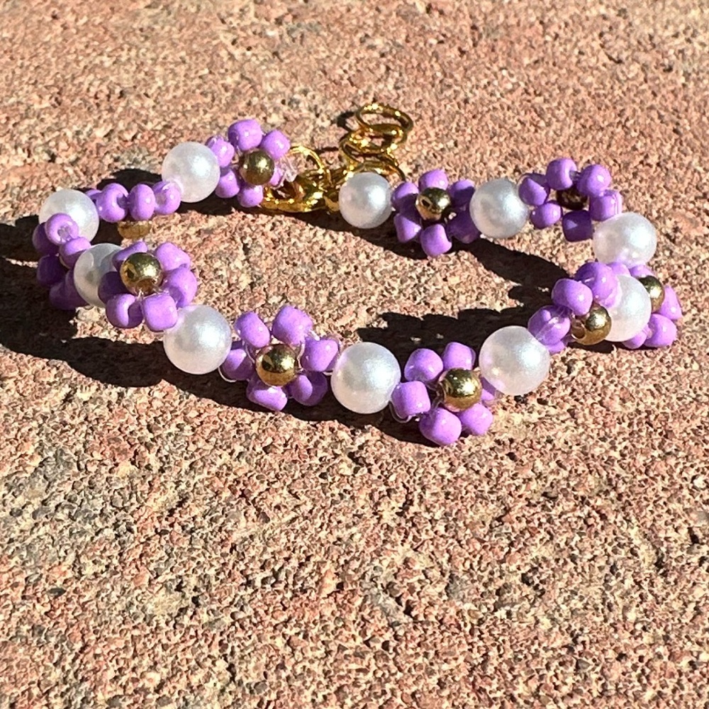 Pearl and Purple Floral Adjustable Bracelet with Gold Colored Accents